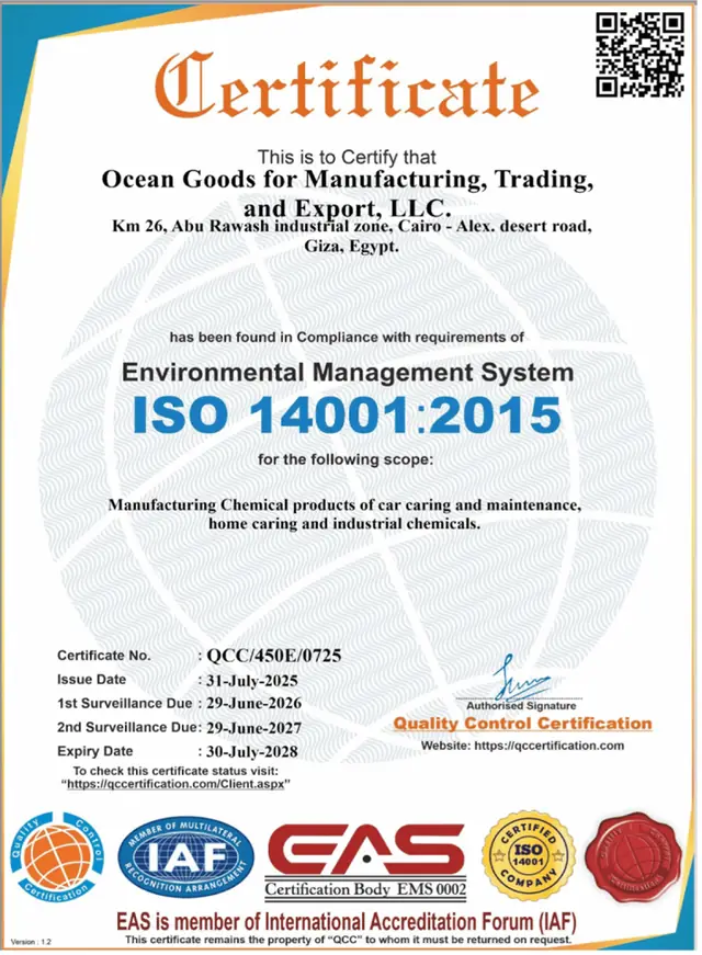ISO 14001:2015 certificate of Ocean Goods for Manufacturing, Trading, and Export, LLC