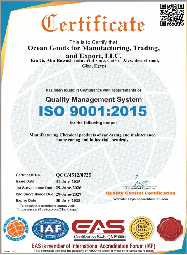 ISO 9001:2015 certificate of Ocean Goods for Manufacturing, Trading, and Export, LLC